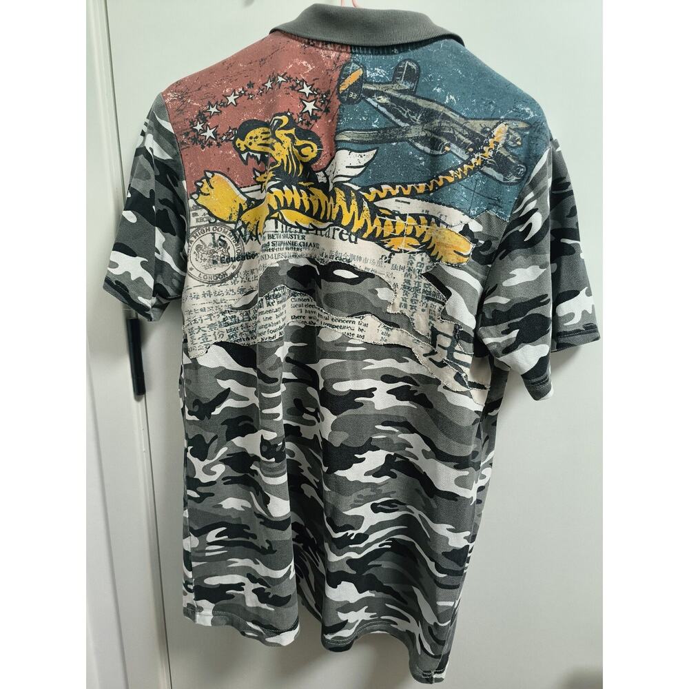 Flying Tiger Snow White Camo Graphic Polo Shirt size M Gray Black Red Blue